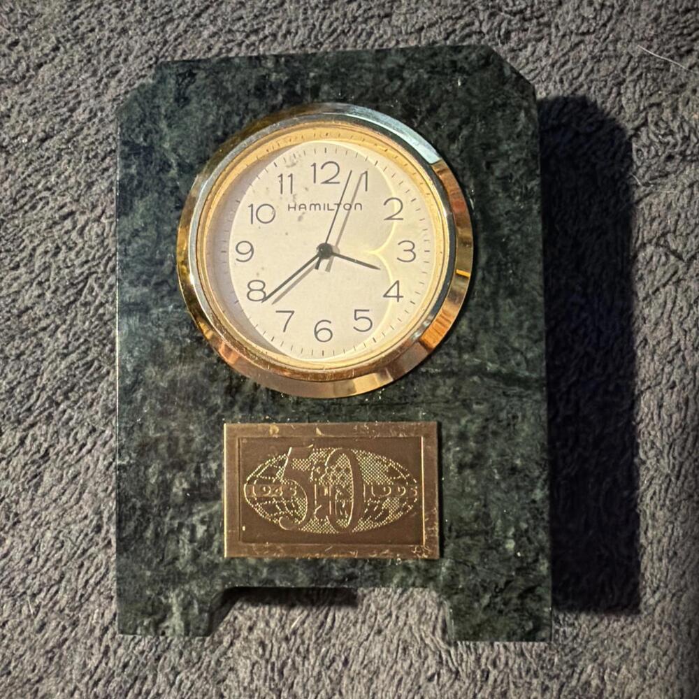 Hamilton 50 Years 1945-1995 Marble Brass Mini Clock Desk Clock Needs Battery